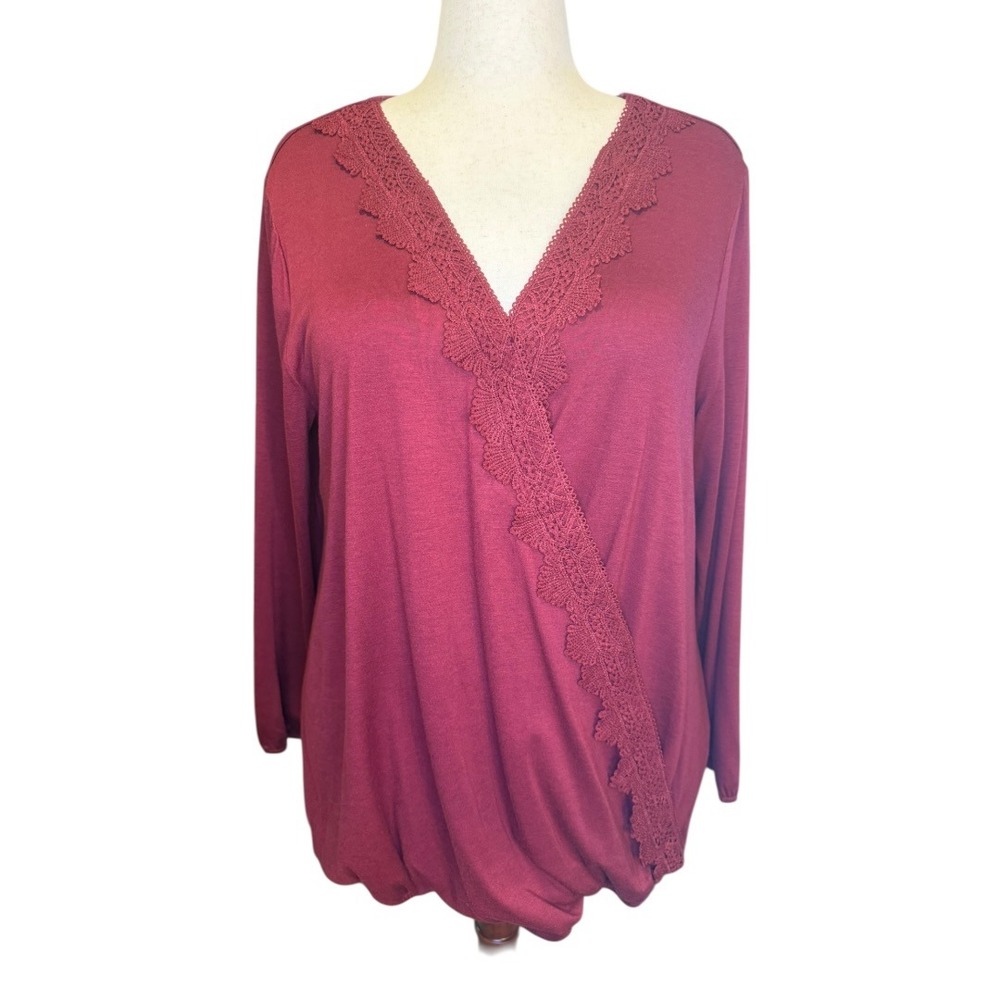 BloomChic Women Burgundy Lace Trim Surplice Wrap Top Long Sleeve Plus Size 14-16
